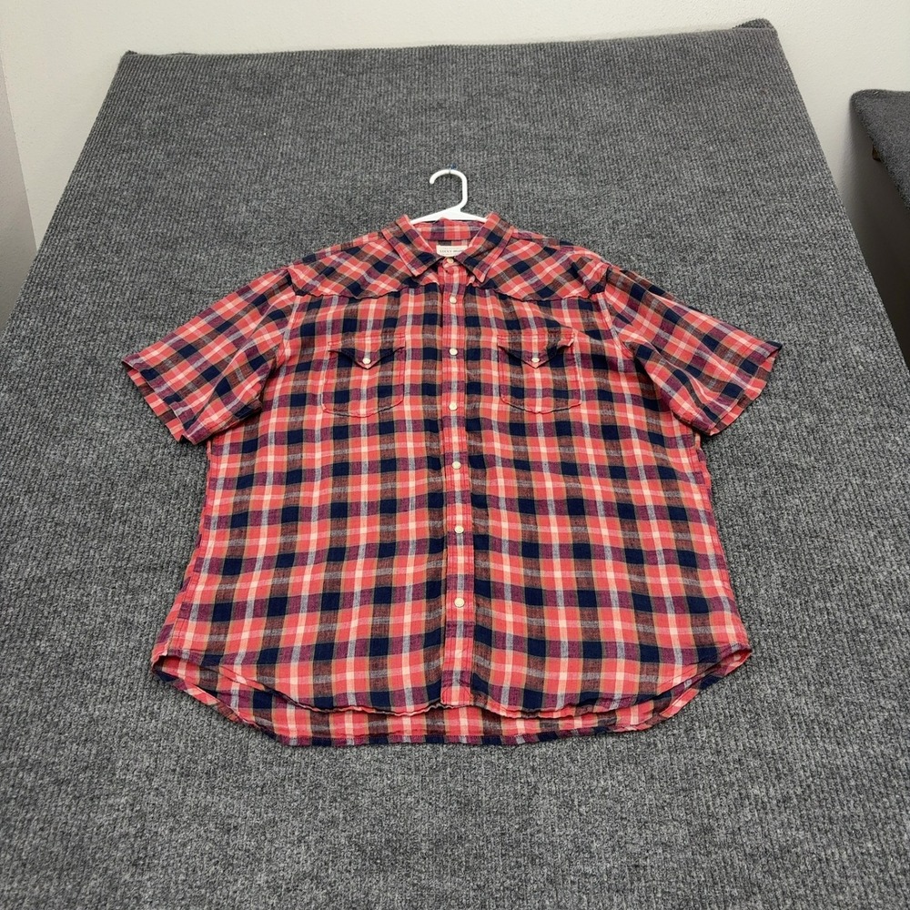 Lucky Brand Shirt Mens XL Red Linen Plaid Short Sleeve Pearl Snap Western Casual